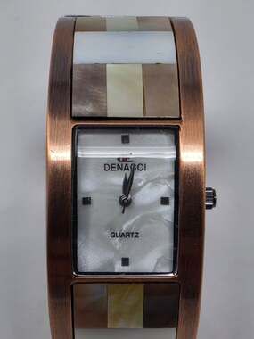 Denacci Quartz Watch Shell Inlay Rectangular Bronze Tone Vintage Style